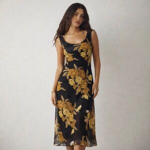 Black‎ Gold Floral Beaded Dress Midi Elegant Evening Wedding Guest Size 12 VTG